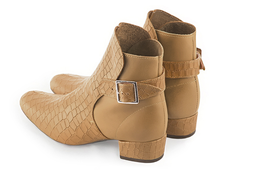 Camel beige women's ankle boots with buckles at the back. Round toe. Low block heels. Rear view - Florence KOOIJMAN